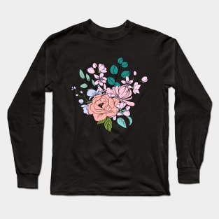 Colorful Line Art Flower bouquet In Pastel Colors Long Sleeve T-Shirt